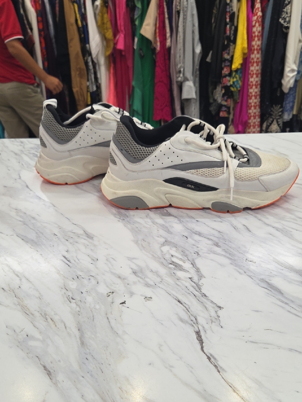 Dior Men’s Athletic Sneakers in White, Gray, Black with Orange Sole